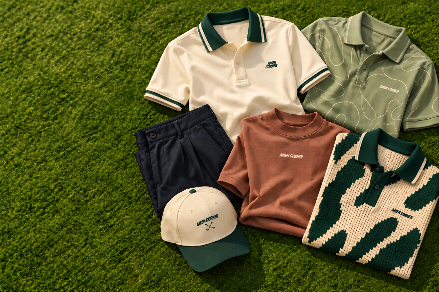 New AMEN CORNER polos, knitwear, trousers and cap styled on summer grass