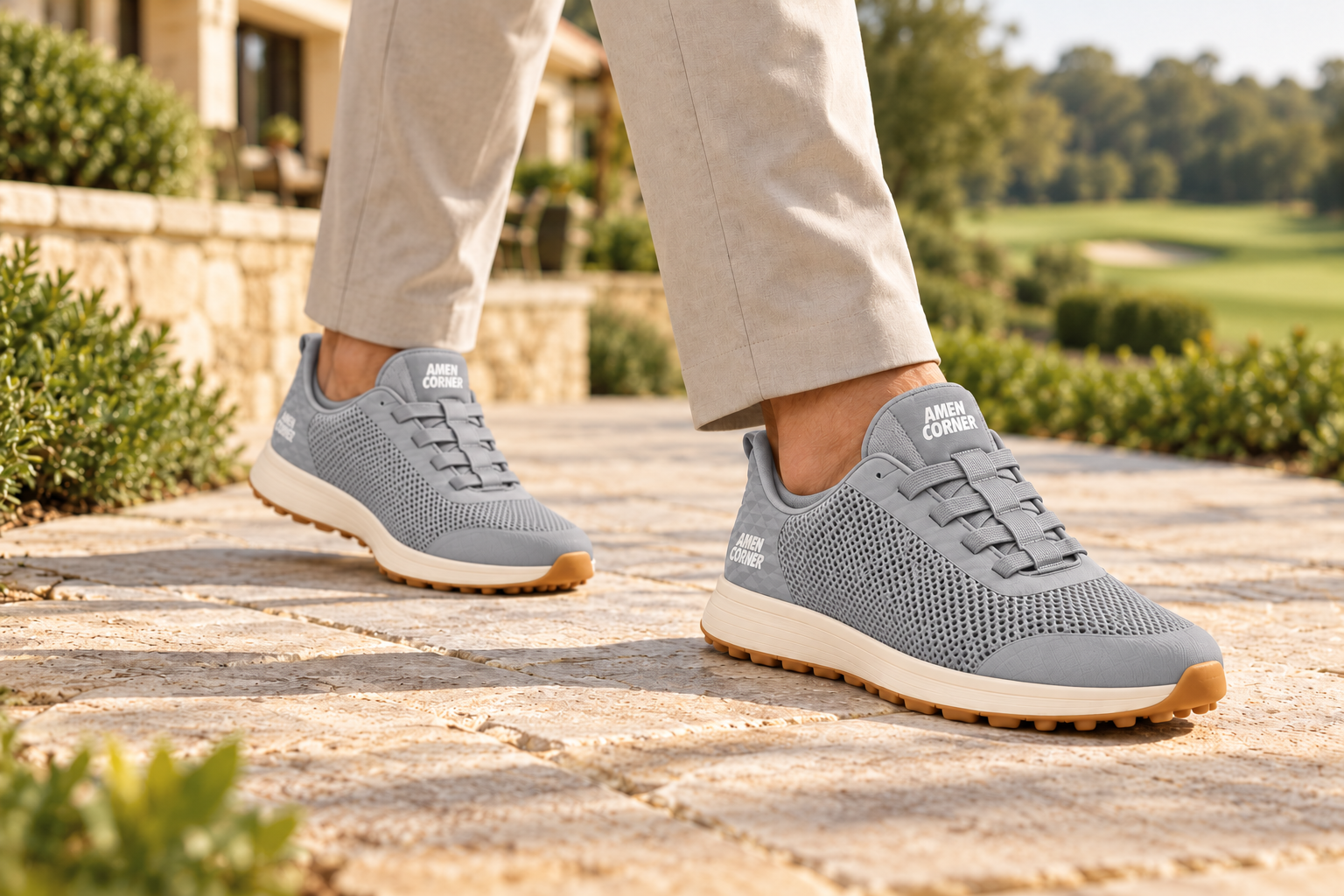 Close view of a model walking in HK GolBan, Grey / Ivory / Gum