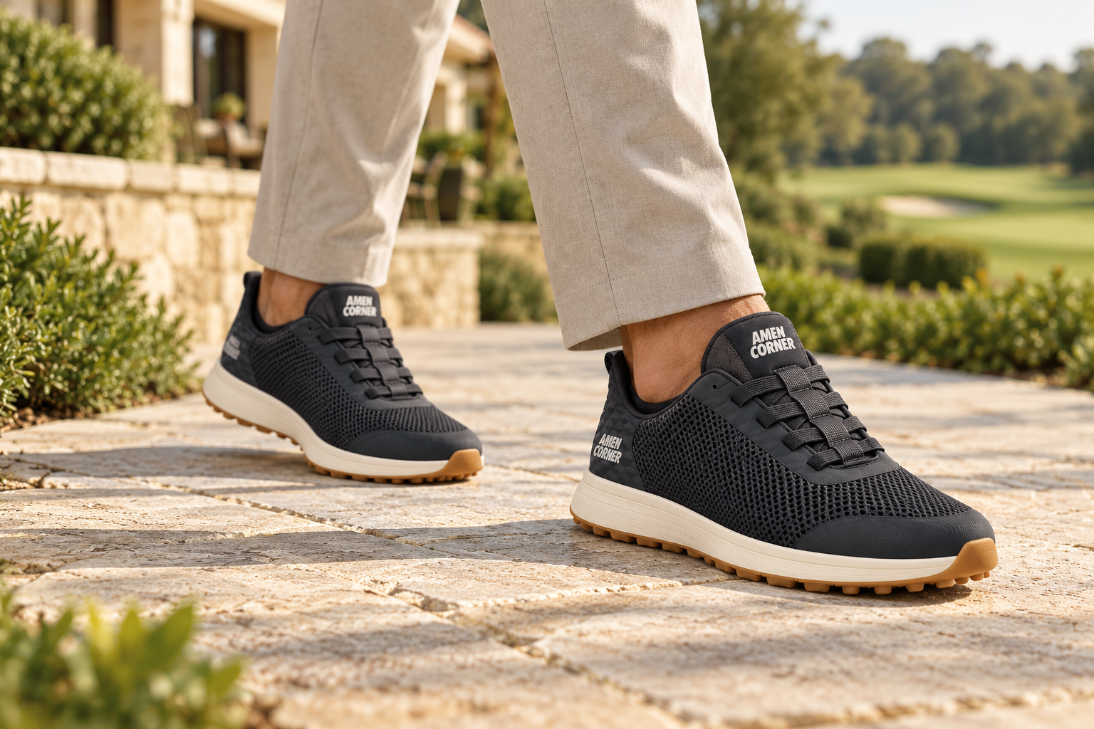 Close view of a model walking in AMEN CORNER HK GolBan charcoal golf sneakers