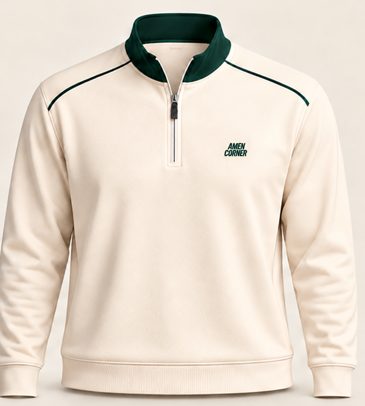 Ivory quarter zip with green collar and piping