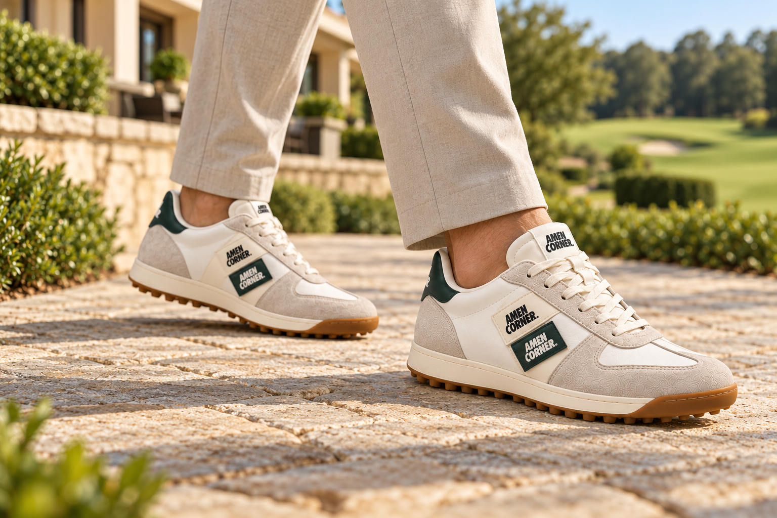 Close view of a model walking in Golf Sneaker S7, Ivory / Forest Green / Gum