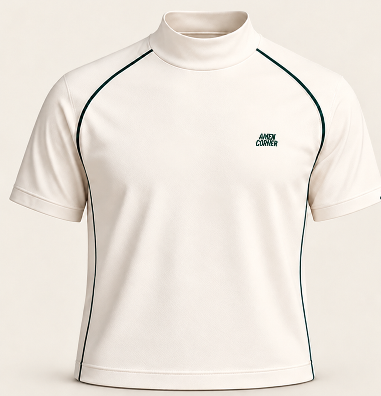 Ivory mock neck T shirt with green piping